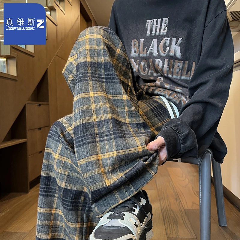 真维斯Z+秋季新款港风复古时尚格子阔腿裤男士宽松大码舒适休闲裤