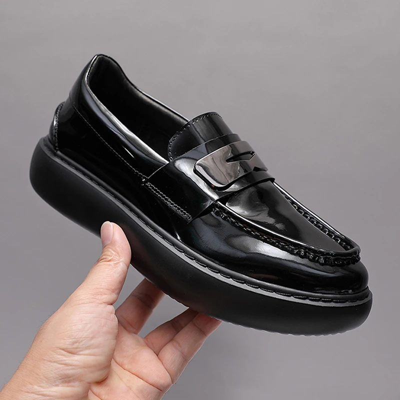 四季潮流真皮休闲乐福男鞋厚底高档亮面金属亮片轻软商务增高皮鞋