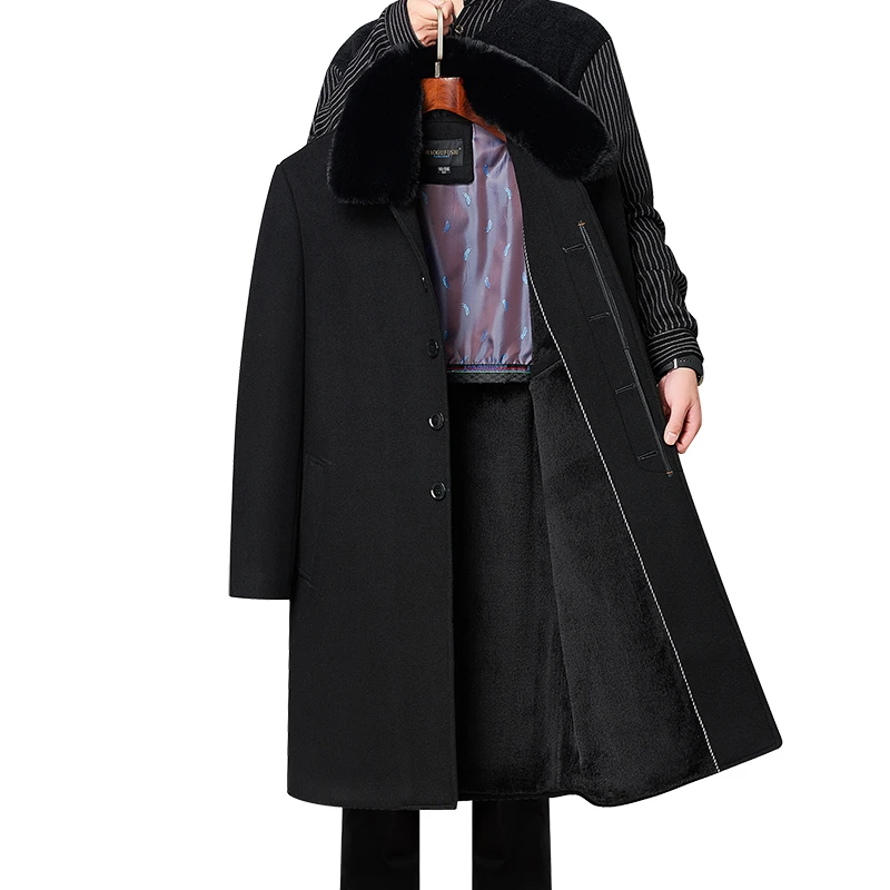 中老年大衣男士长款加绒休闲加厚纯色商务呢子保暖大衣外套爸爸装