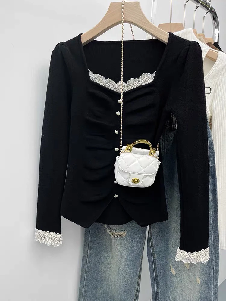 GS博主穿搭撞色边长袖针织衫褶皱韩系套头毛衣洋气上衣通勤显瘦女