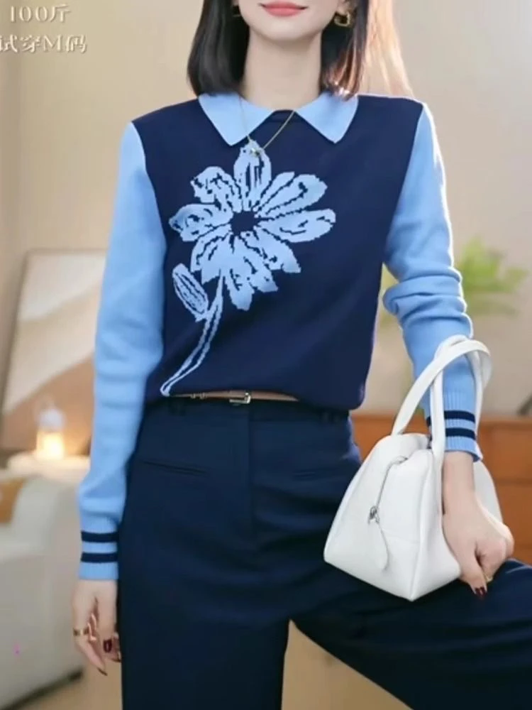 【现货】通勤一字韩系蓝色拼接提花通勤一字翻领针织衫白色女毛衣