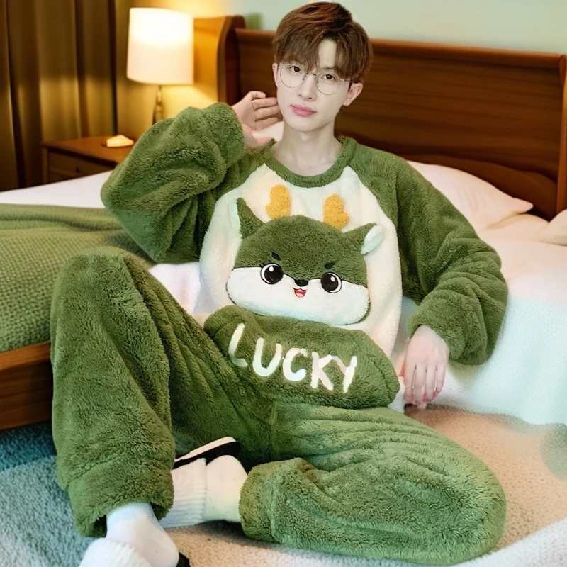 男士睡衣法兰绒冬季加绒加厚大码宽松圆领保暖休闲居家套装两件套