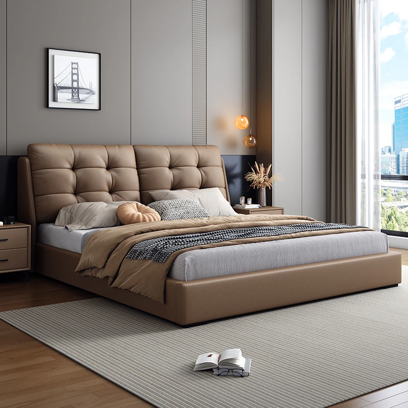 现代简约真皮实木床主卧室软包床家用免洗双人床轻奢储物大床软
