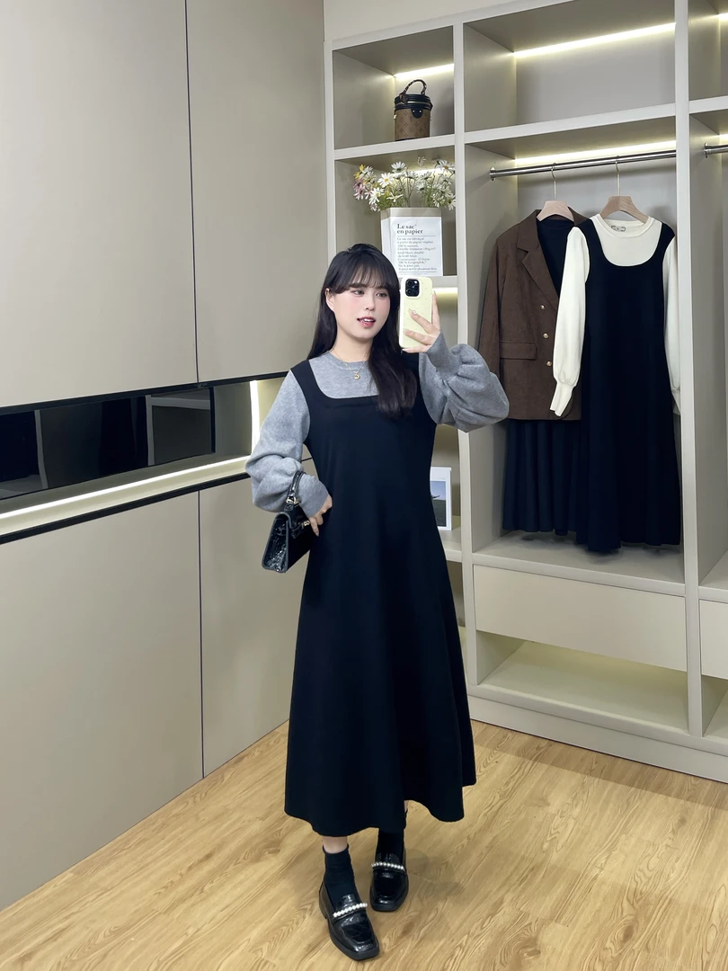 现货发(加厚款-过冬裙）高克重【蜜意学院】灰黑配大衣针织假两件裙