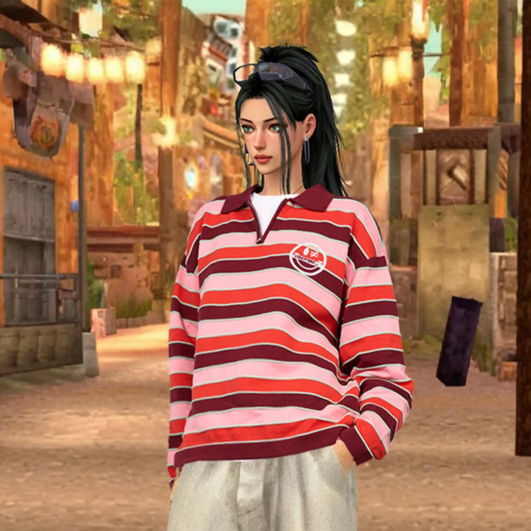 CANOTWAIT_陈伟霆S.W.SMILEY联名半拉链条纹POLO翻领宽松针织衫