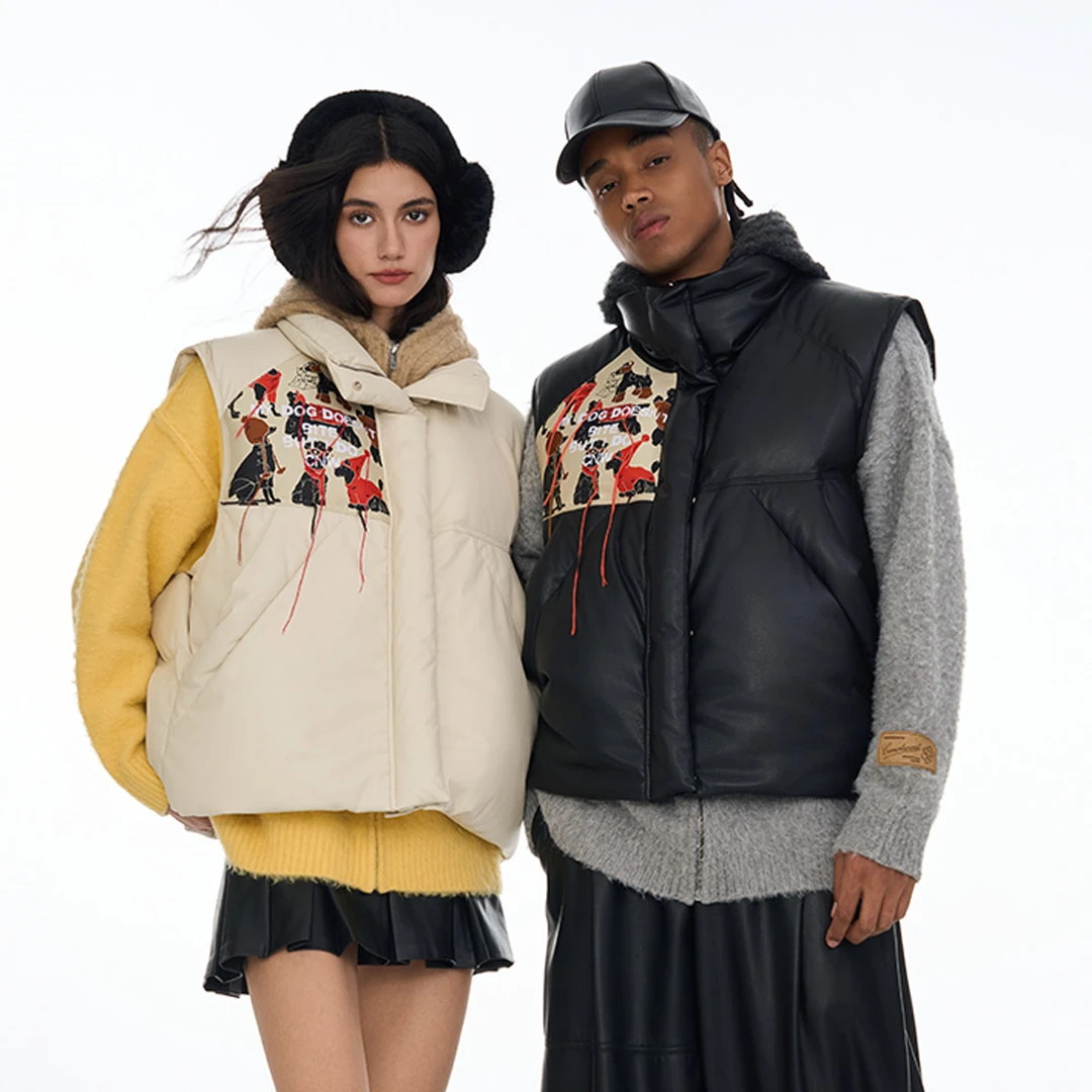 CANOTWAIT_陈伟霆秋冬户外休闲动物图案拼接羽绒保暖宽松背心