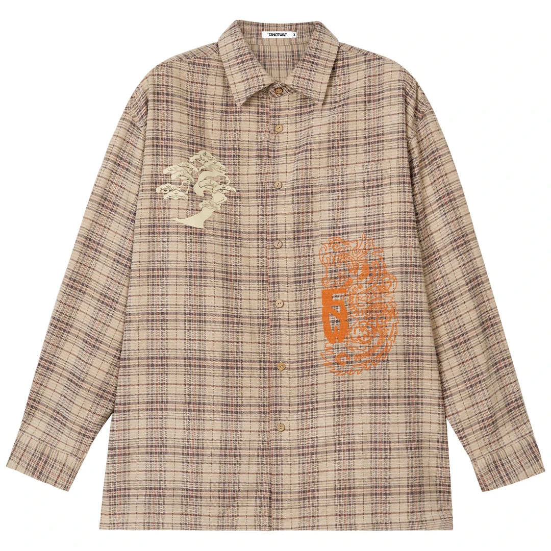 CANOTWAIT_陈伟霆新中式情侣宽松复古刺绣图案经典格纹长袖衬衫