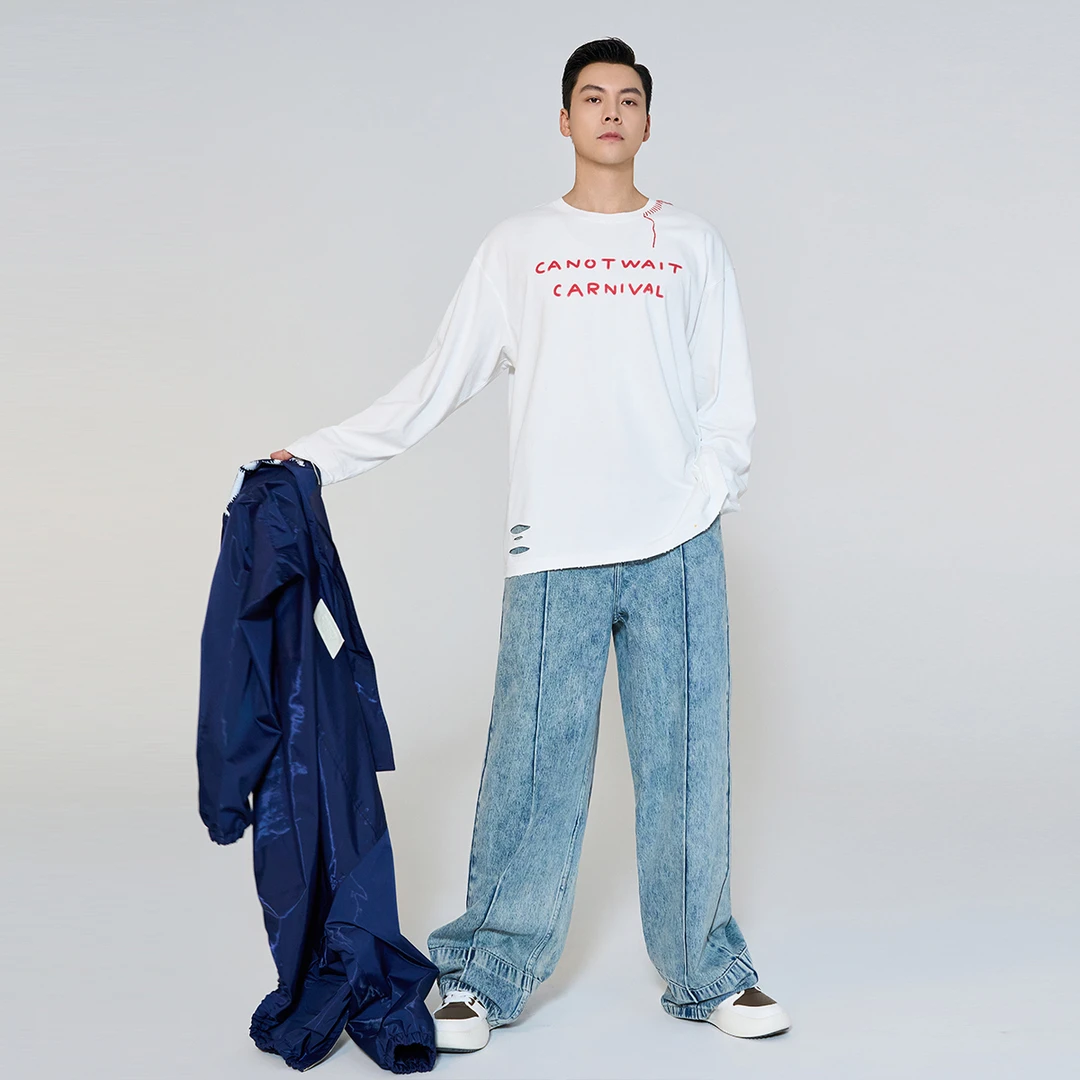 CANOTWAIT_陈伟霆设计师系列简约宽松纯色百搭流苏圆领长袖T恤