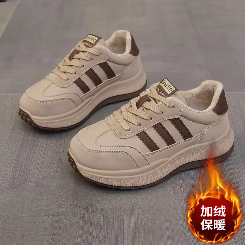 韩版厚底老爹鞋女2023新款冬季加绒显脚小运动鞋黑色增高休闲女鞋