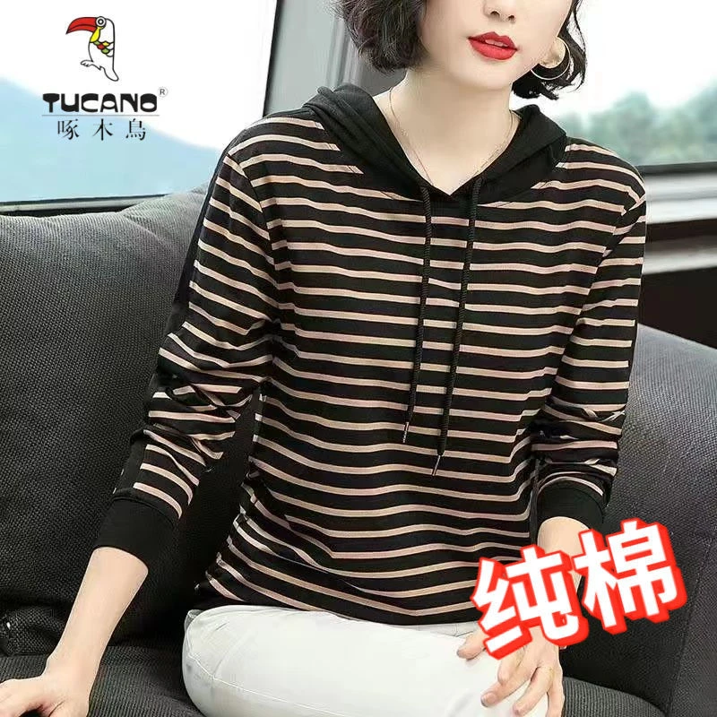 啄木鸟带帽长袖黑白条纹T恤女2022春新款中年妈妈100棉宽松打底衫