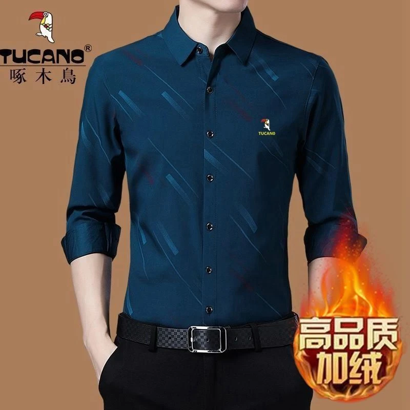 啄木鸟高档冬季加绒加厚男士长袖衬衫休闲百搭中年保暖免烫上衣潮