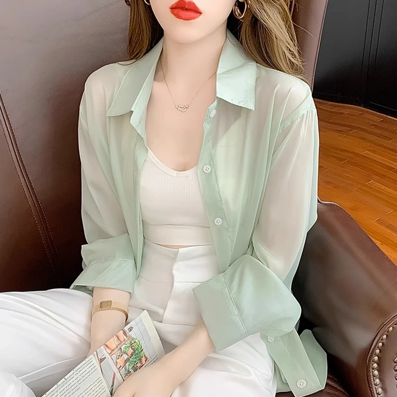 雪纺衬衫防晒衣女夏季2025新款休闲衬衣宽松薄款冰丝披肩外搭开衫