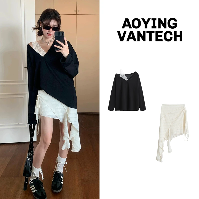 AOYING VANTECH澳莹万特【罗曼蒂克】假两件蕾丝卫衣+不规则半身裙