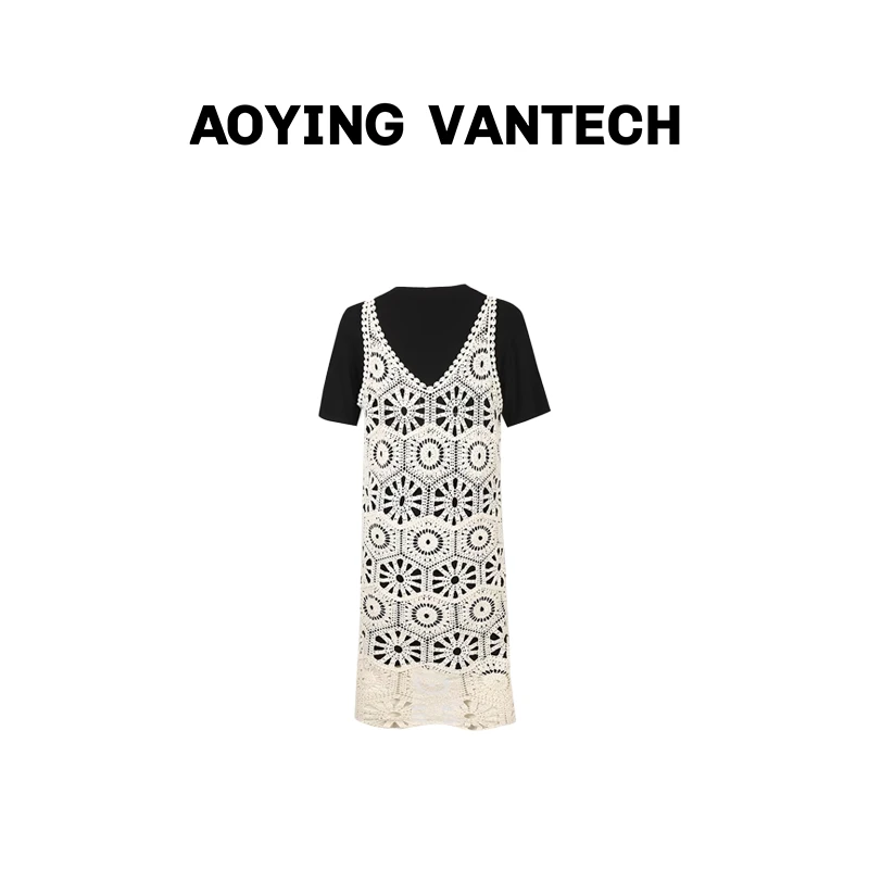 AOYING VANTECH【米兰胶片】慵懒风V领罩衫黑色T裙套装AYWT2024152