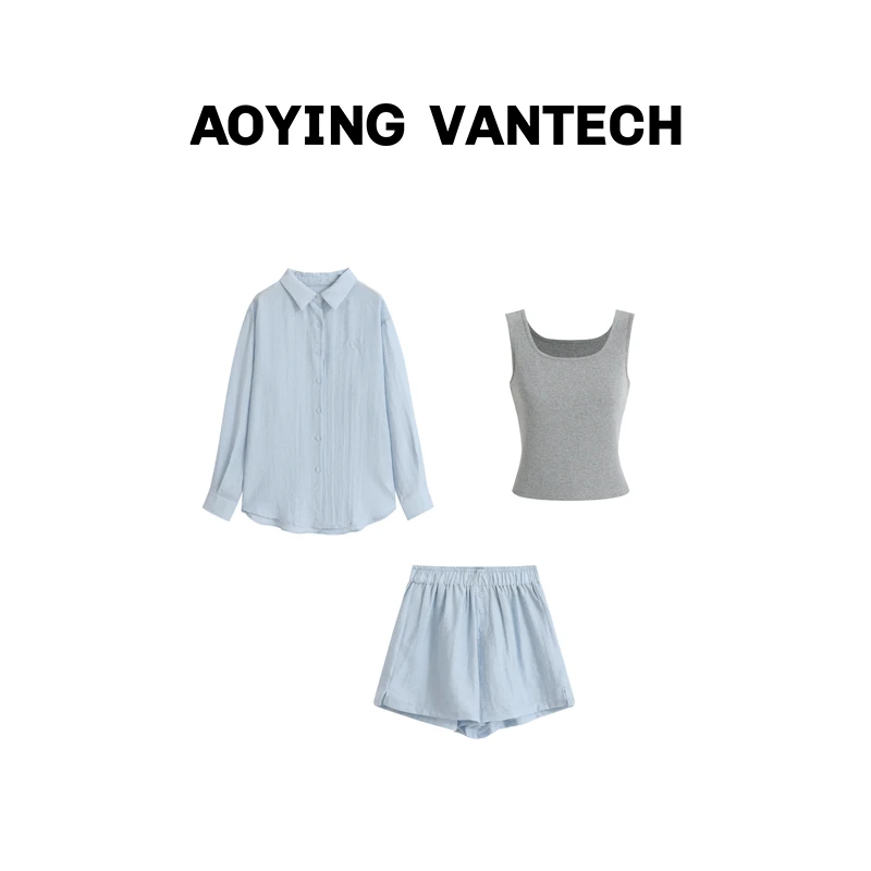 松弛老钱风亚麻刺绣休闲衬衫背心裙裤慵懒三件套装AYWT2024157