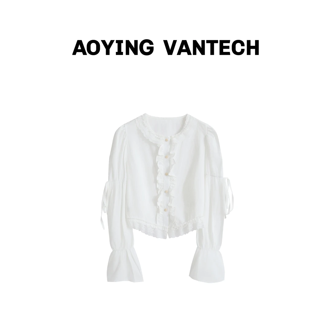 AOYING VANTECH【古堡小香】复古白色甜美蕾丝上衣花边舒适衬衫