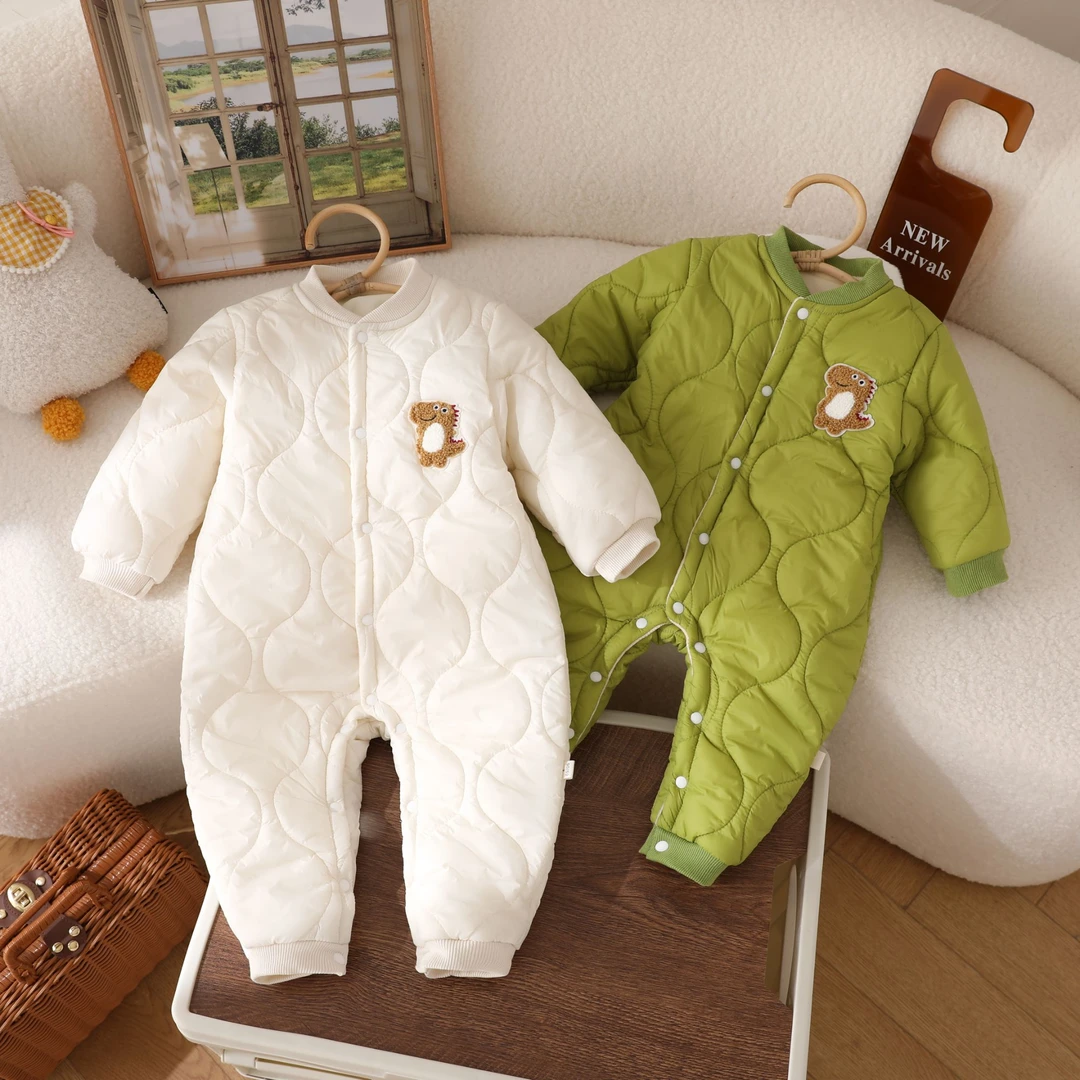 新款宝宝冬款男女宝立领加棉加绒贴标可爱刺绣小恐龙外出服哈衣