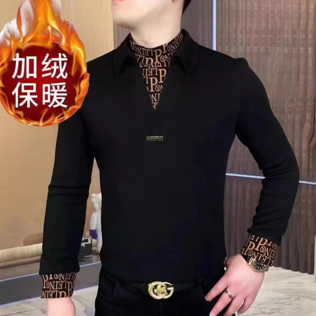 956男士冬季高品质时尚气质百搭潮流加绒印花长袖加绒中领打底衫