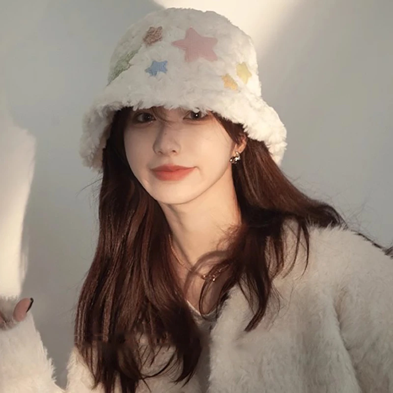 韩国甜美星星毛绒渔夫帽女冬季加厚保暖护耳盆帽女软糯百搭显脸小