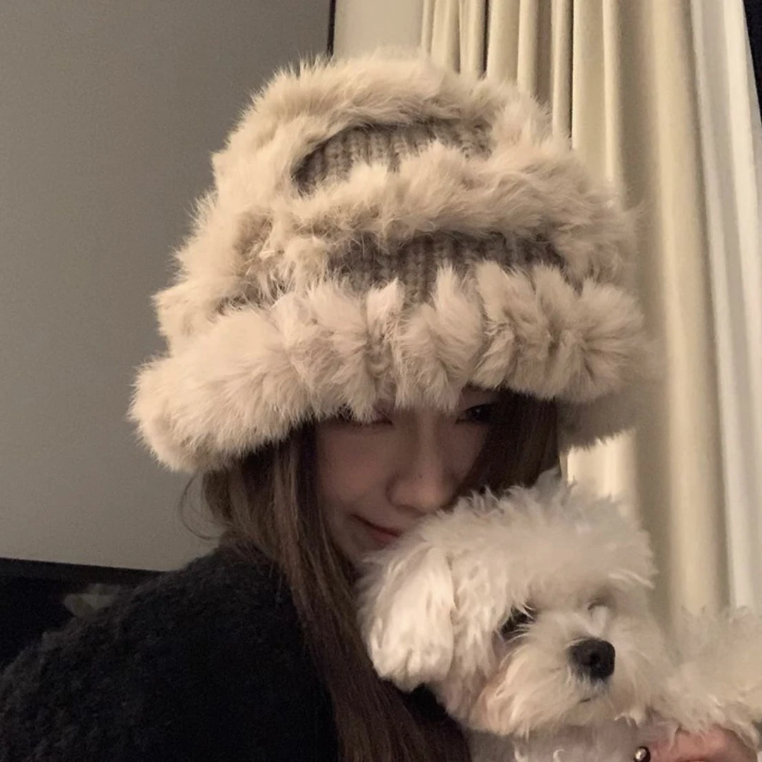 时尚兔毛针织毛绒帽女秋冬毛茸茸渔夫帽大头围显脸小毛线帽子百搭