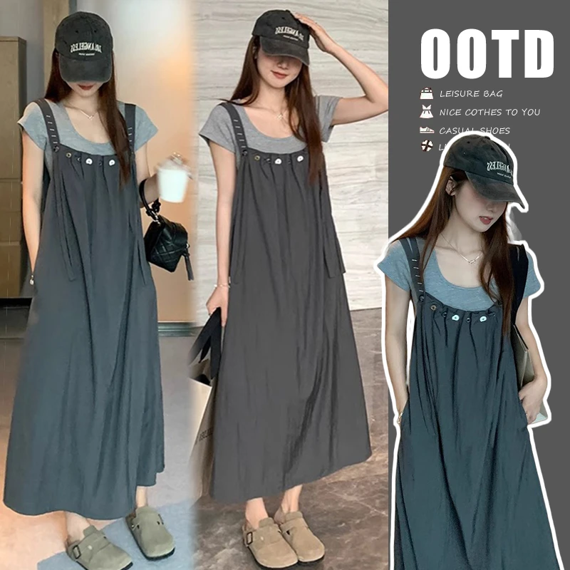 孕妇连衣裙夏季时尚韩版减龄孕妇装夏装背带裙子女宽松短袖中长款