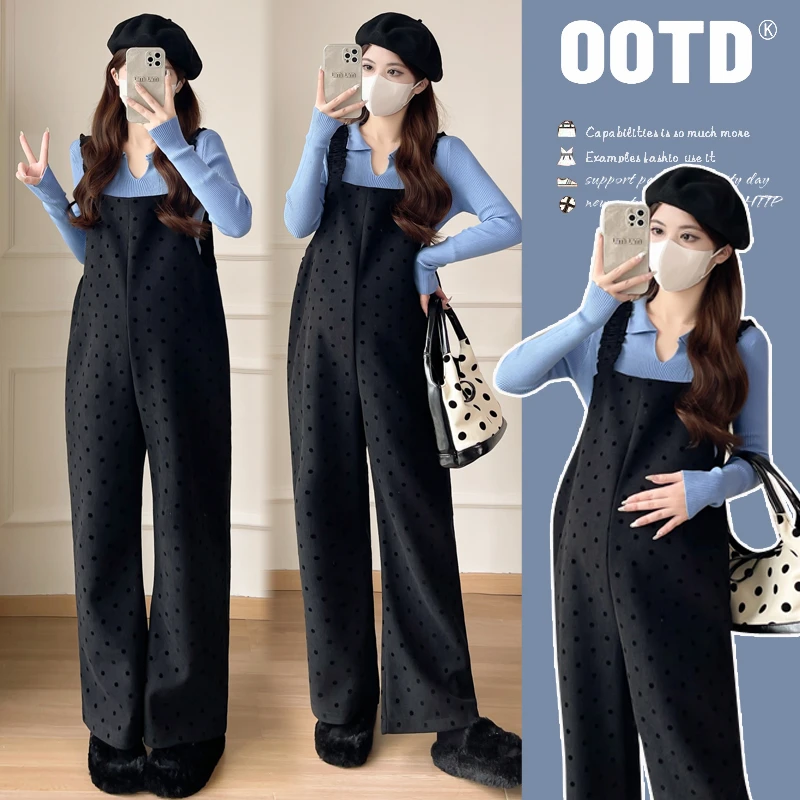 孕妇背带裤秋冬植绒波点阔腿裤v领上衣+连体裤子二件套孕期装秋季