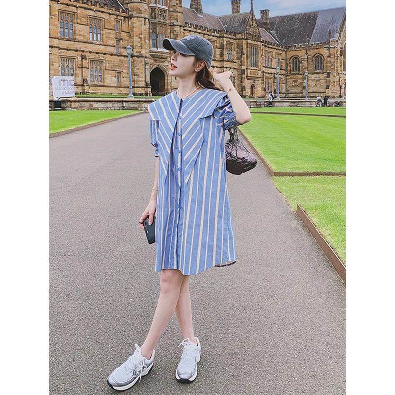 洋气减龄孕妇装夏装海军领条纹衬衫裙女宽松显瘦孕妇连衣裙子夏季