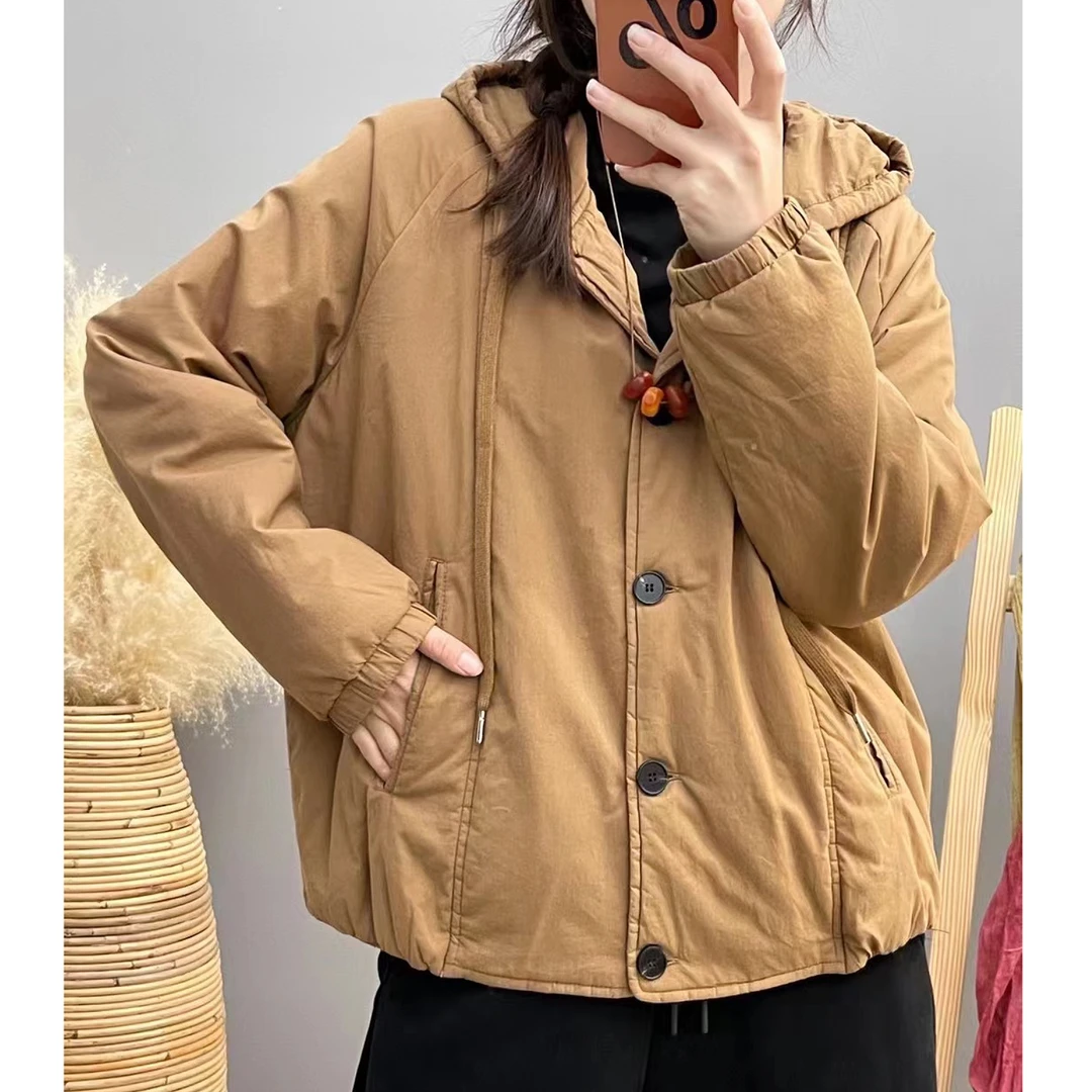 木槿文艺连帽休闲棉服女单排扣显瘦保暖棉衣纯色百搭长袖冬季棉袄