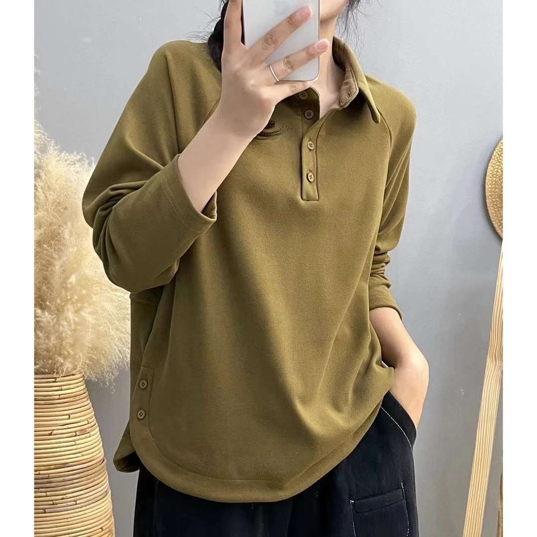 冬季双面德绒打底衫女POLO领落肩长袖衬衫上衣套头纯色T恤保暖