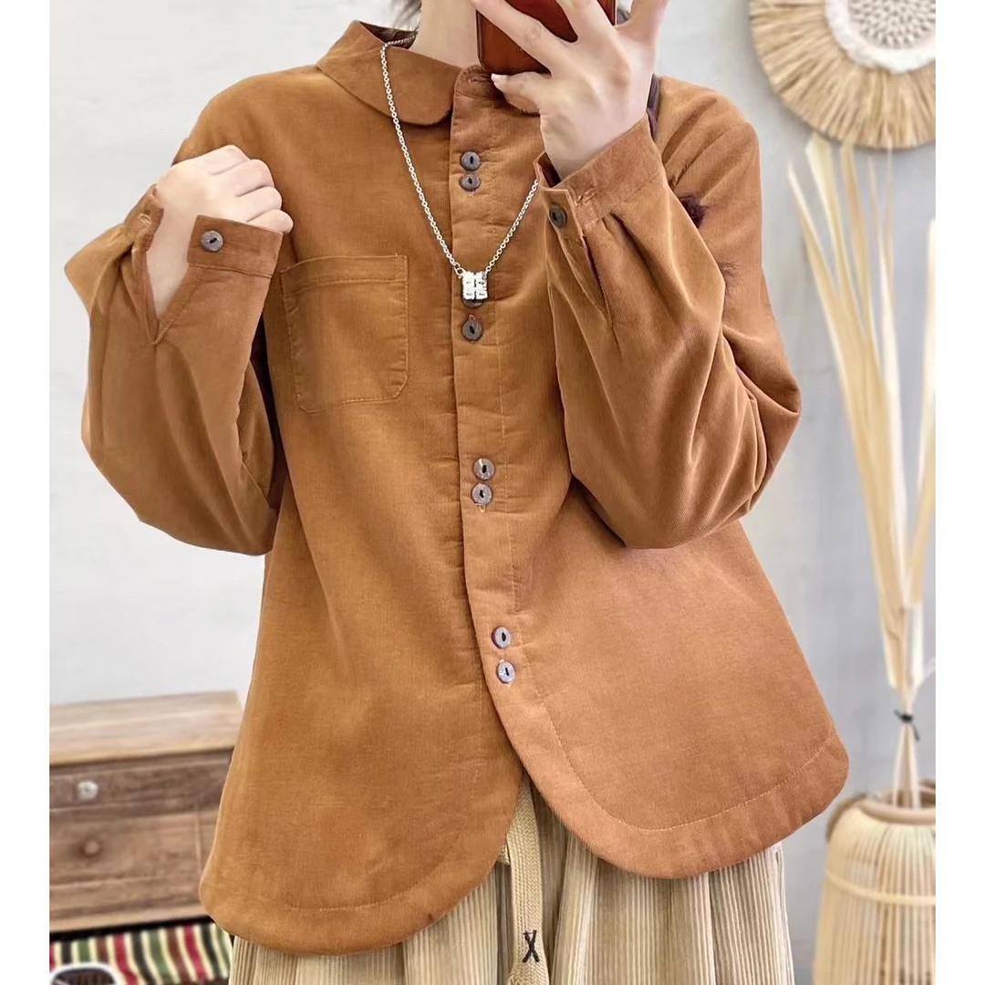 文艺复古简约加绒灯芯绒长袖衬衫女秋冬宽松休闲内搭上衣外套