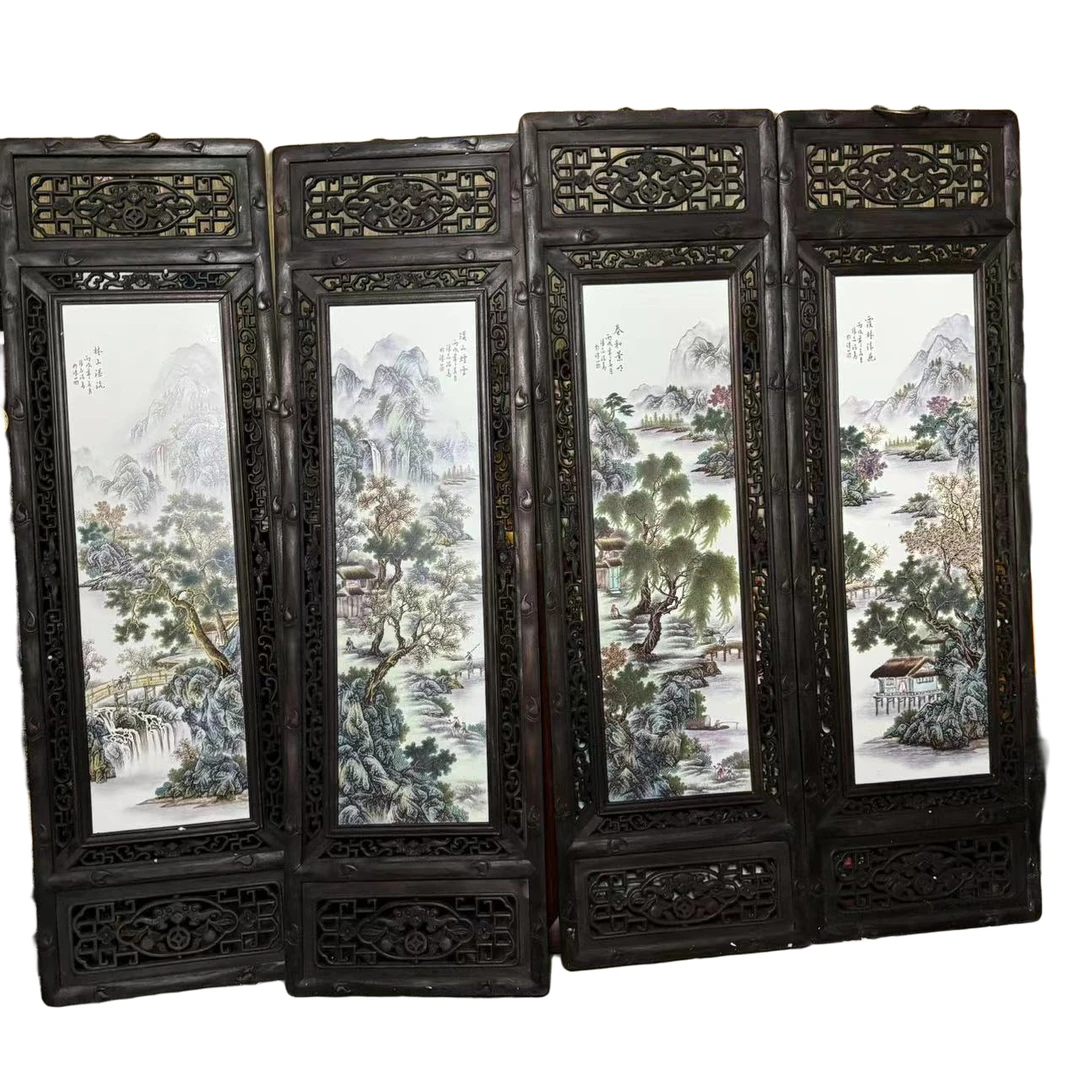 A055 粉彩山水林溪春苑瓷板画/批量不固定其中一套四副 陶瓷