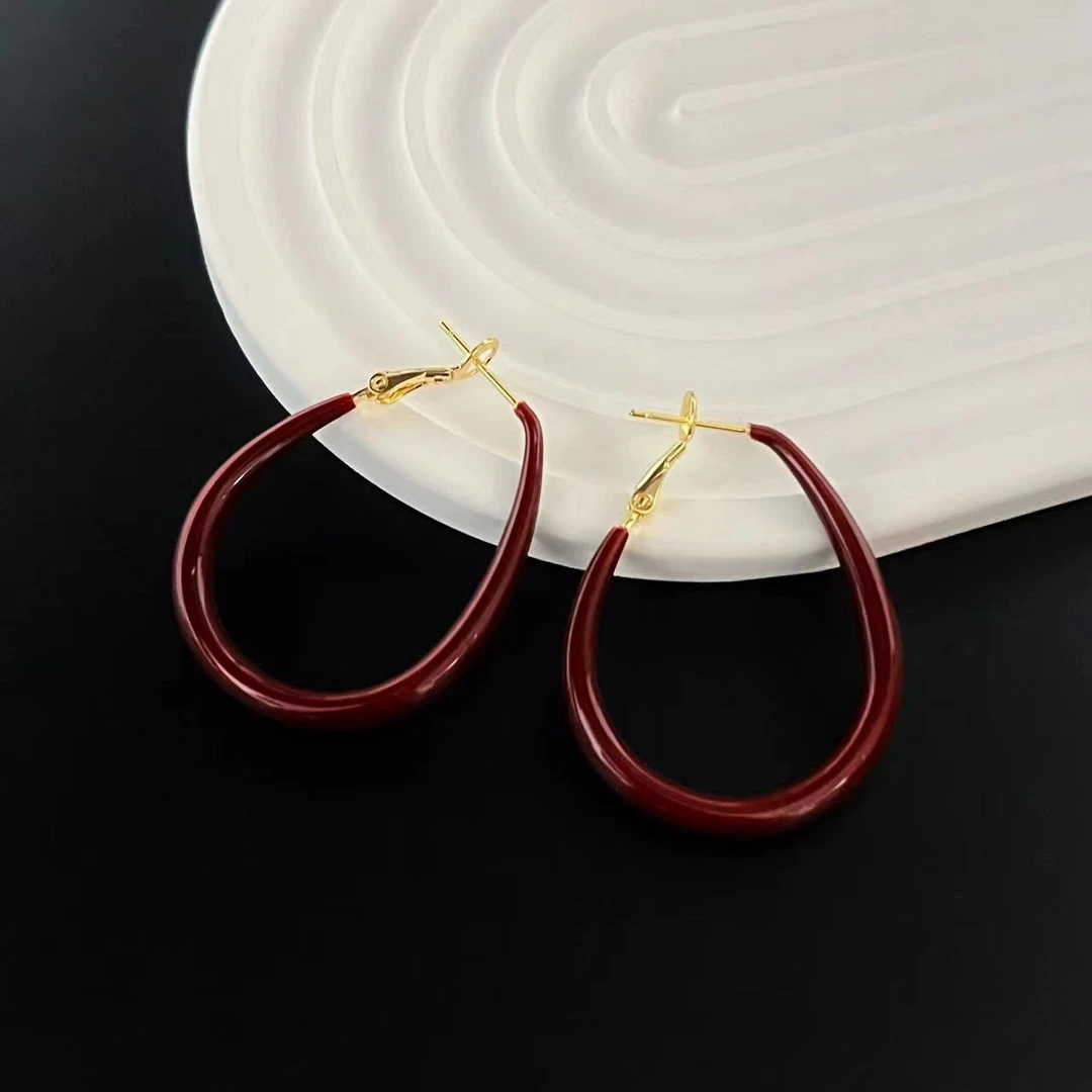 铜合金耳饰 红耳圈小众高级感复古港风耳环气质素圈耳饰r838简约