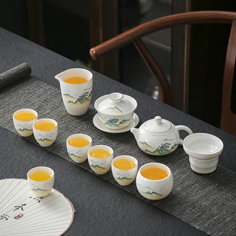 晟翔陶瓷茶家用羊脂玉瓷蛋杯江山12头