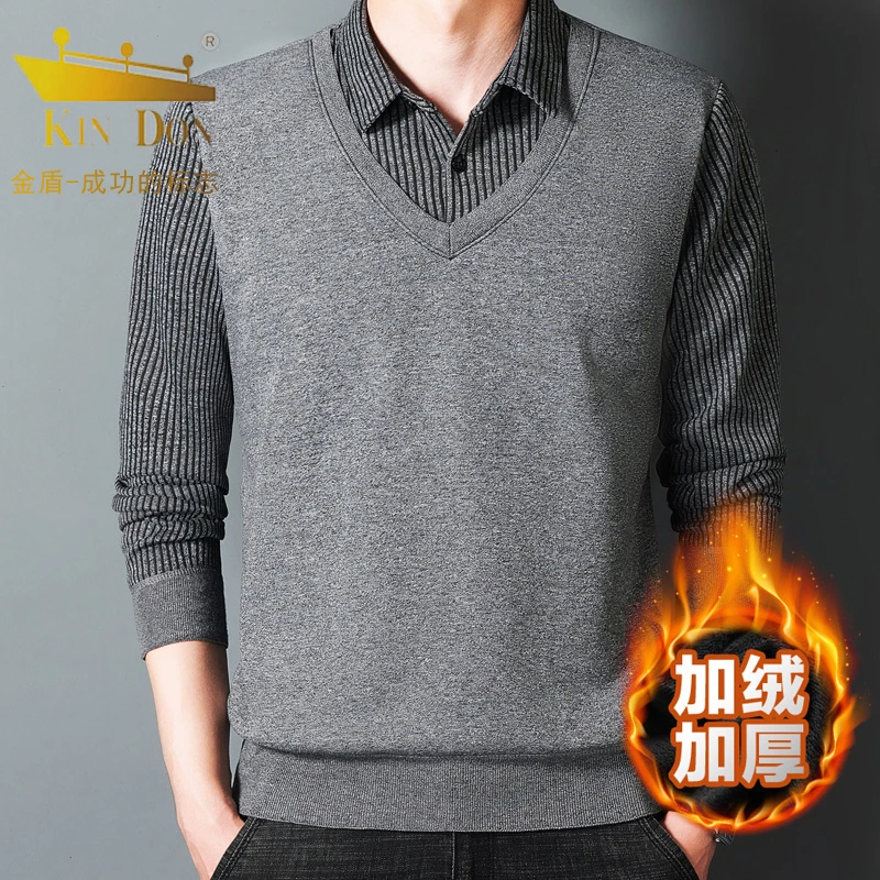 金盾【加绒加厚】男士秋冬季新款假两件针织衫打底衫保暖毛衣