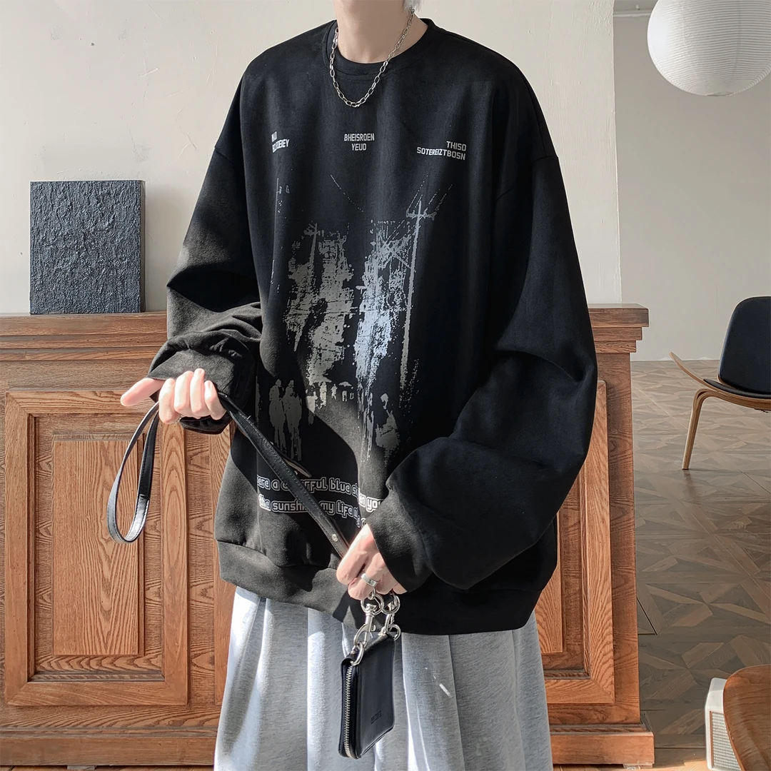 仿麂皮绒卫衣男款秋冬季美式高街潮牌潮流重磅宽松休闲套头上衣服