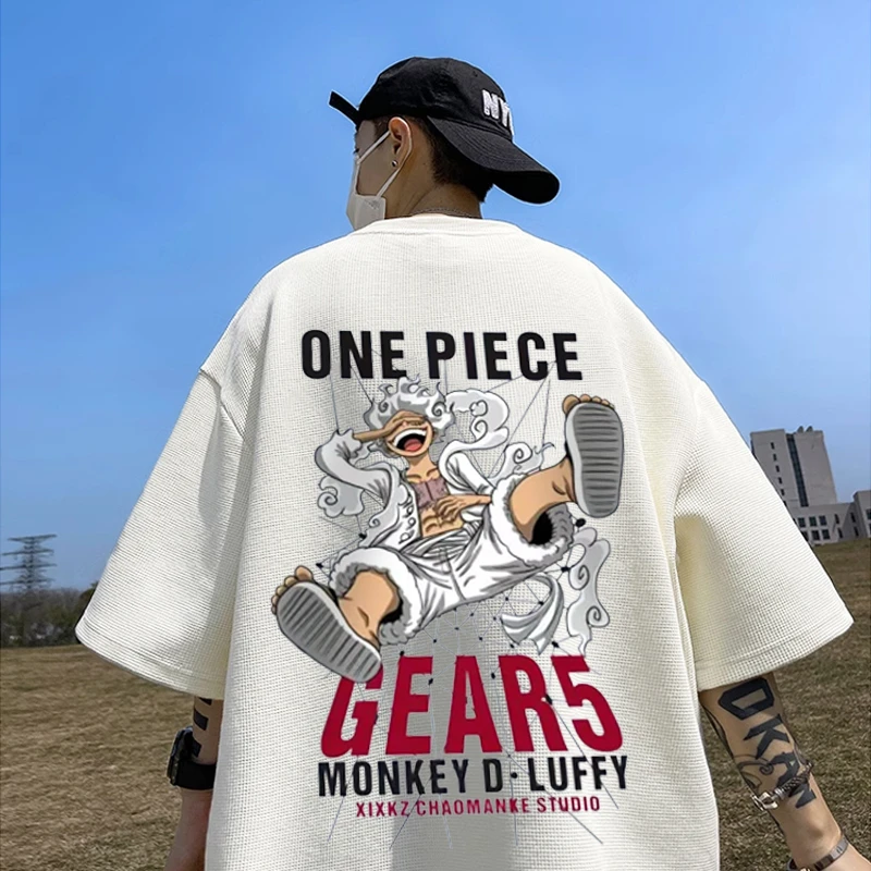 重磅华夫格卡通海贼王尼卡短袖T恤男潮牌学生休闲宽松大码五分袖