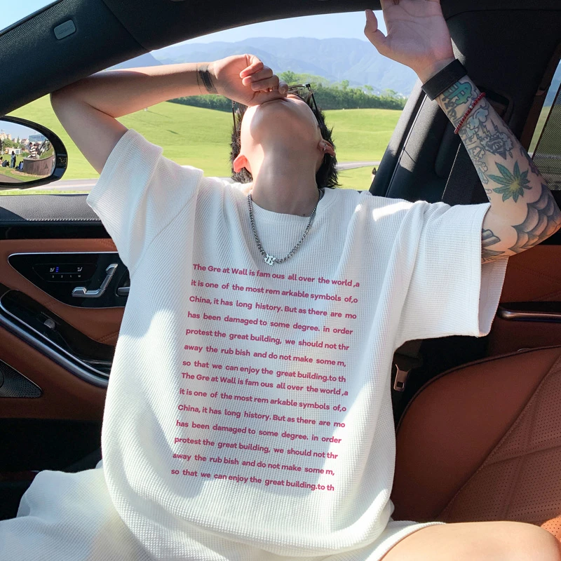 华夫格重磅短袖T恤男夏季美式潮牌字母印花宽松大码圆领半袖上衣