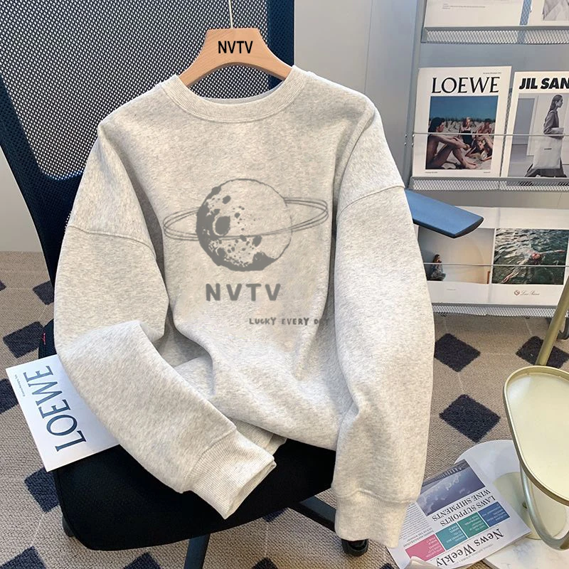 春秋款圆领卫衣男长袖无帽美式复古潮牌休闲宽松百搭学生外套上衣