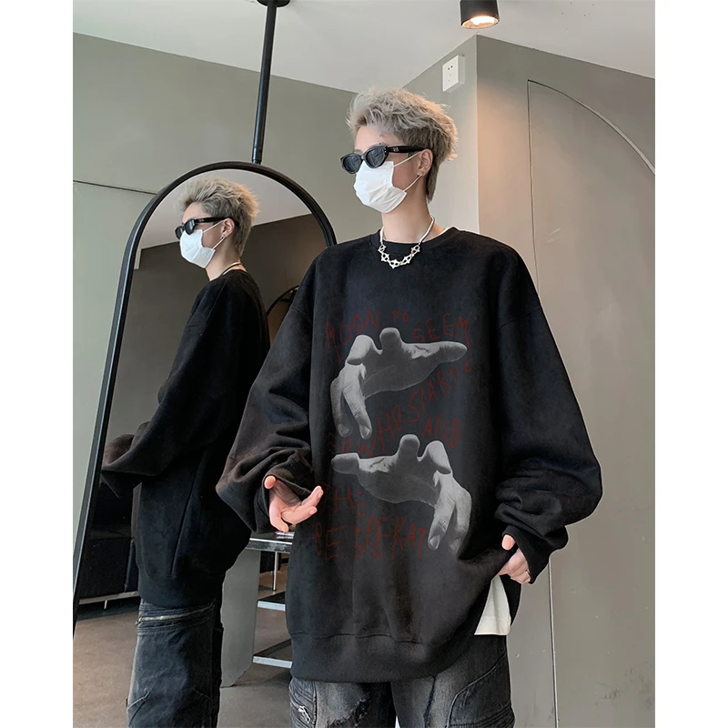 重磅仿麂皮绒圆领卫衣男秋冬季欧美hiphop潮牌外套慵懒风大码衣服