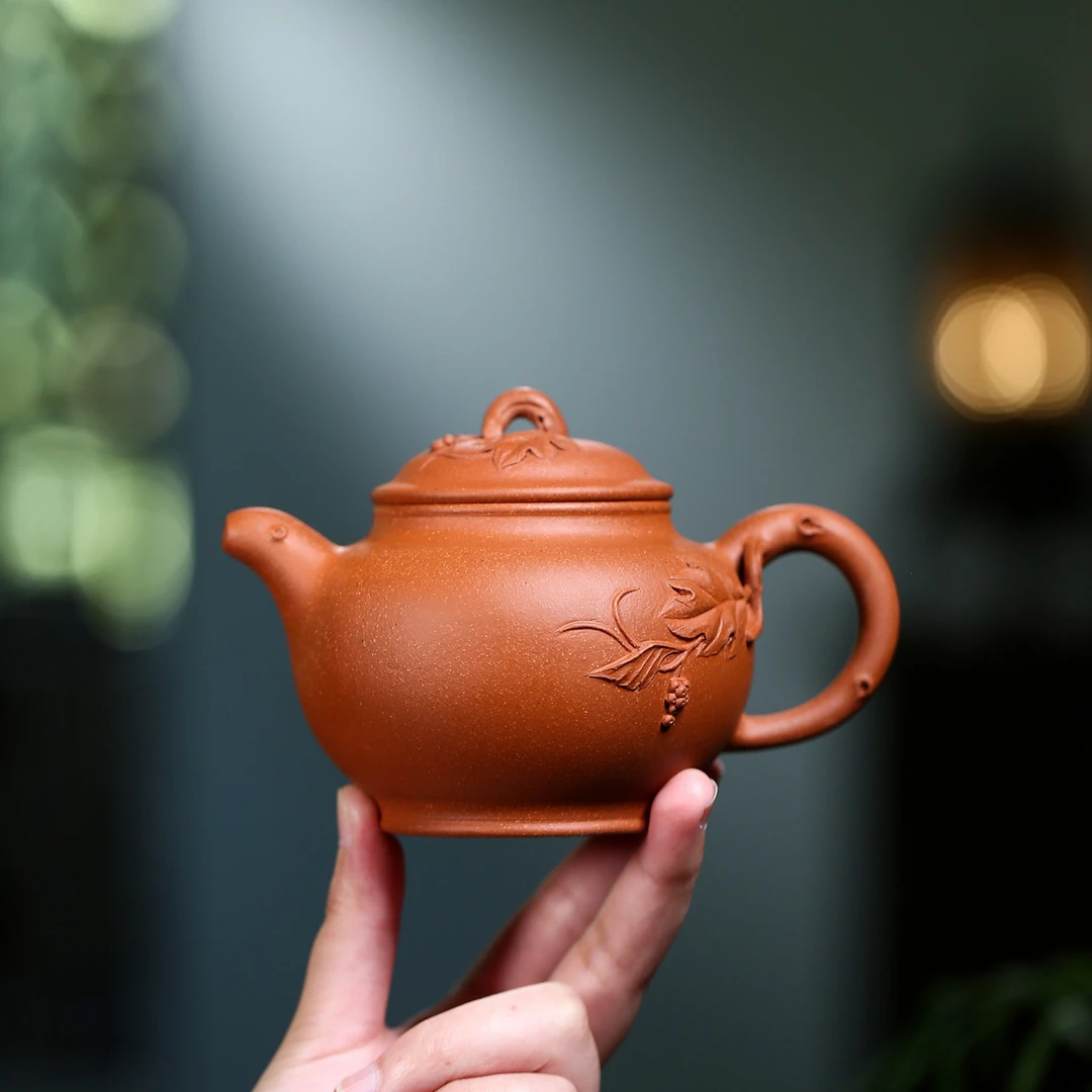 宜兴纯手工紫砂壶原矿红降坡壶王掇只250毫升全手工堆绘寿桃如意