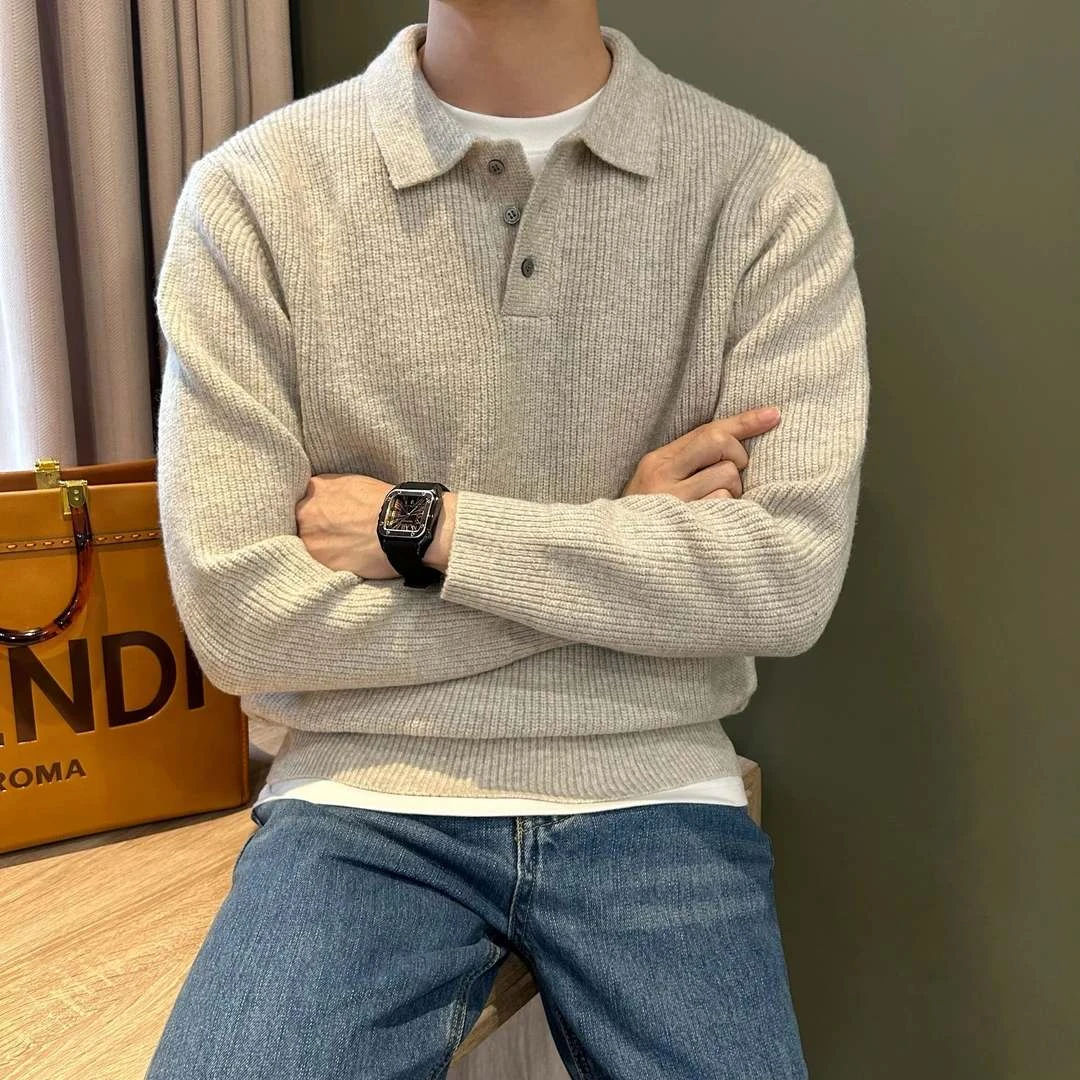 男秋冬季韩版休闲针织衫慵懒风纯色套头长袖简约毛衣男商务翻领
