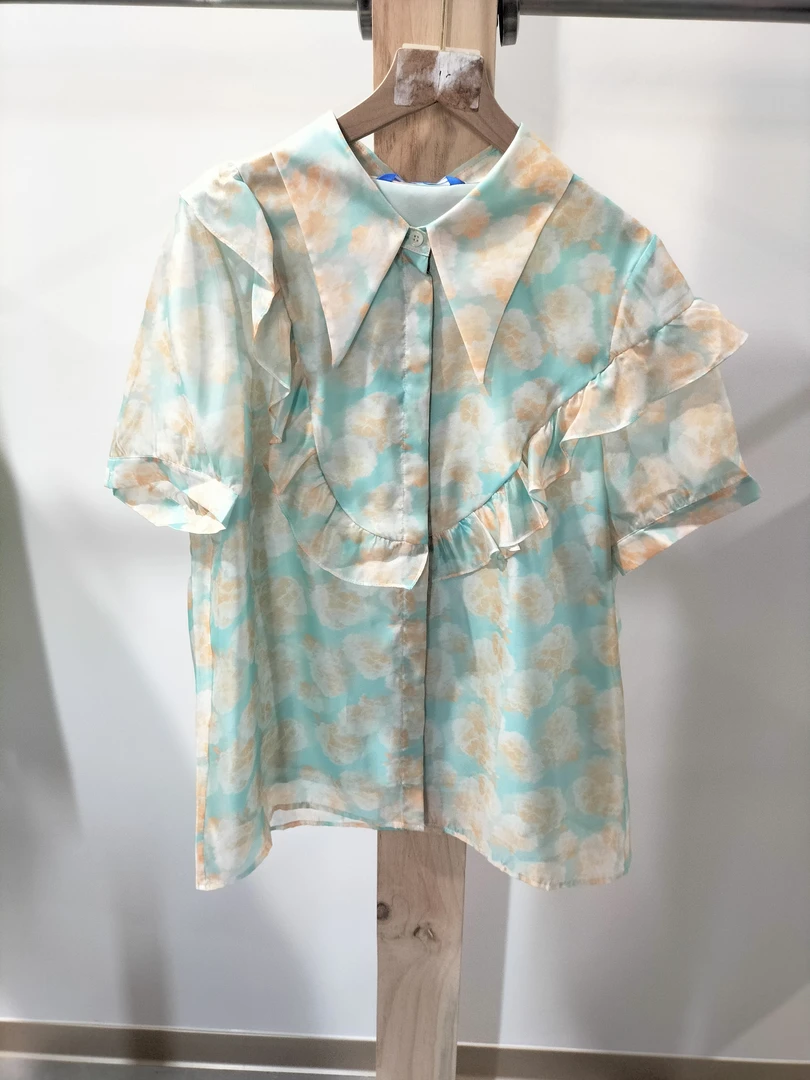 4652-亚美新款时尚优雅印花短袖衬衫