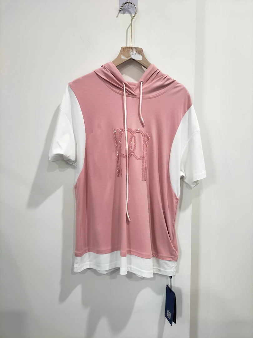 5612-亚美夏季时尚拼接连帽宽松上衣