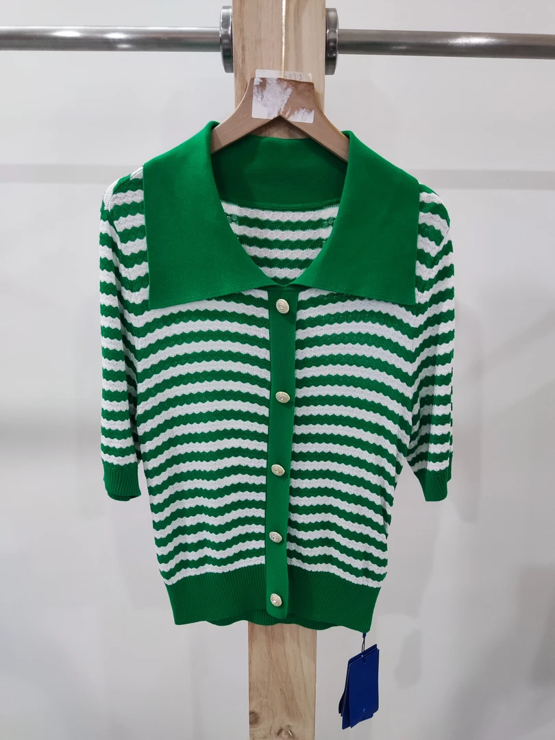 5630-亚美夏季新款 条纹翻领短袖毛衫