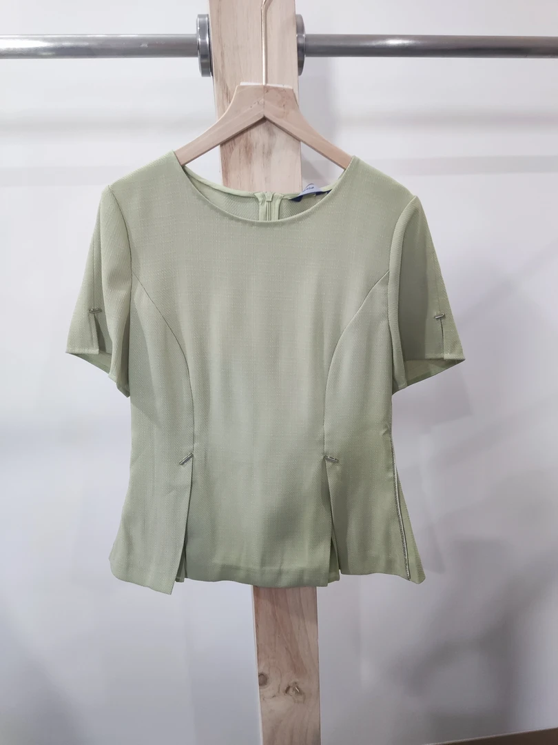 5104-亚美夏新款法式收褶收腰衬衫短袖上衣