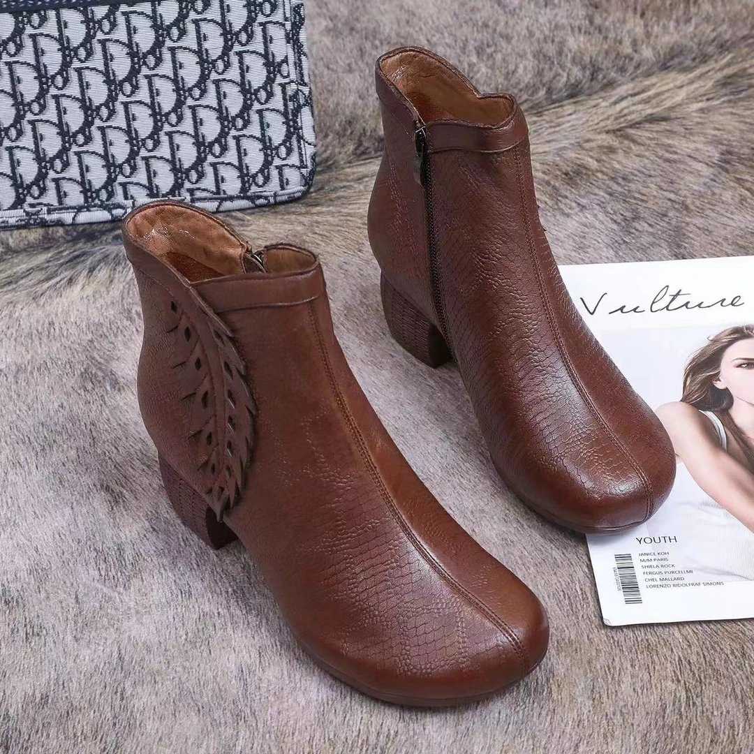 梦酒窝M9W23996头层牛皮时尚复古短靴侧拉链