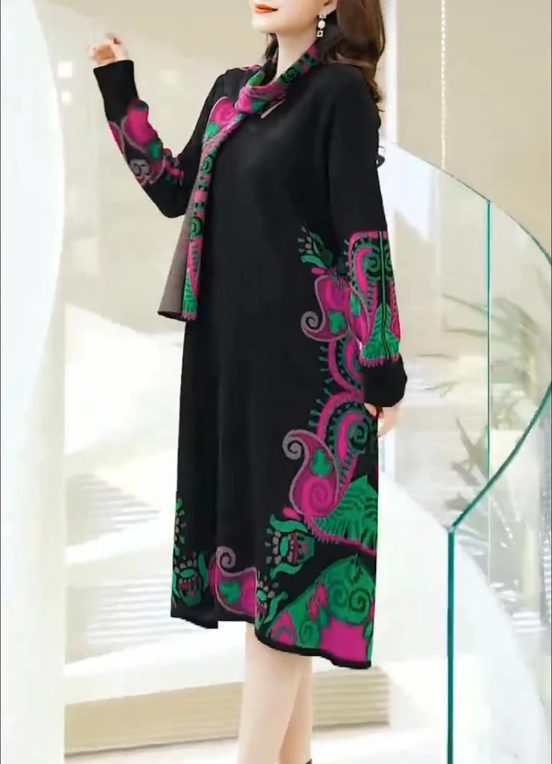 梦酒窝JM620秋冬季新款针织提花中长连衣裙