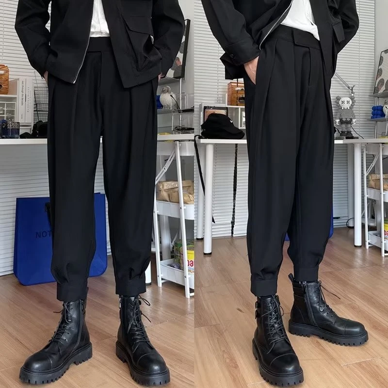 潮牌哈伦小西裤男秋冬加绒搭配马丁靴的裤子高级垂感魔术贴束脚裤