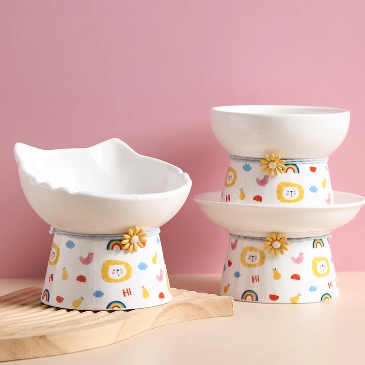 陶瓷猫碗斜口喝水碗狮子乐园图案零食罐头盘宠物食盆粮食碗防打翻