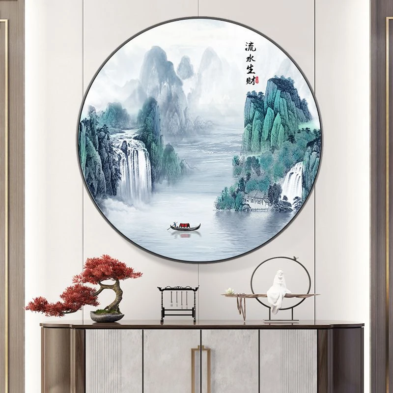 新中式圆形流水生财钻石画满钻全贴5d新款贴钻十字绣山水风景挂画